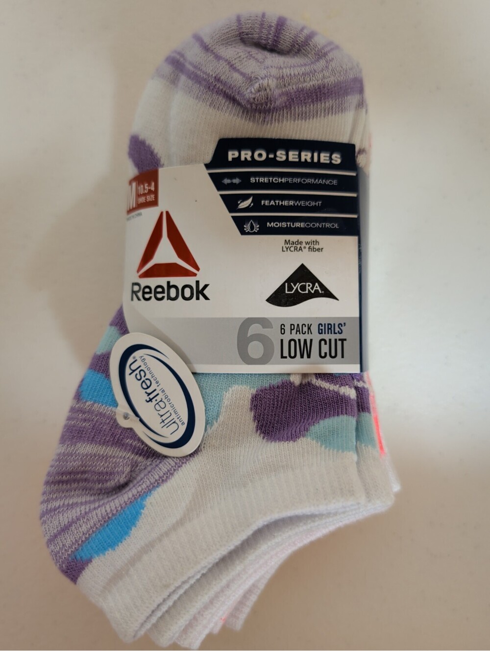Reebok Pro-Series 6 Pack Girls Low-Cut Anti-Microbial Socks M 10.5-4